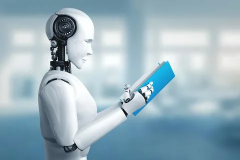 3D illustration of robot humanoid reading book Stock Illustration