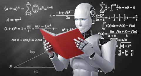 3D illustration of robot humanoid reading book and solving math 스톡 일러스트