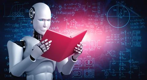 3D illustration of robot humanoid reading book and solving math 库存插图