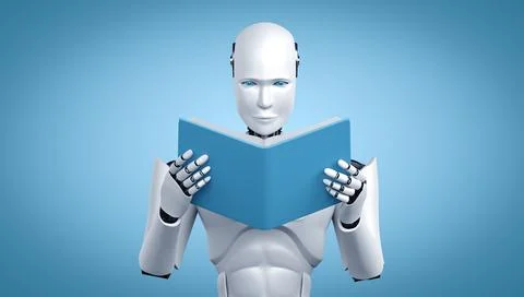 3D illustration of robot humanoid reading book Illustrazione stock