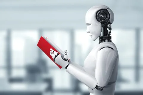 3D illustration of robot humanoid reading book Stock Illustration