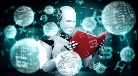 3D illustration of robot humanoid reading book and solving math イラスト素材