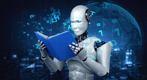 3D illustration of robot humanoid reading book Stock Illustration