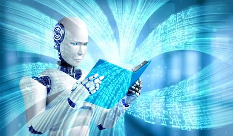 3D illustration of robot humanoid reading book Stock Illustration