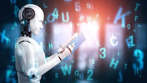 3D illustration of robot humanoid reading book Stockillustratie