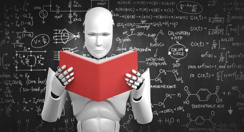 3D illustration of robot humanoid reading book and solving math Stock Illustration