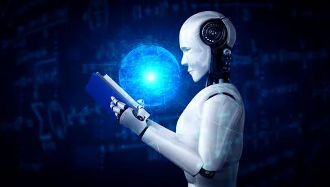 3D illustration of robot humanoid reading book Stockillustratie