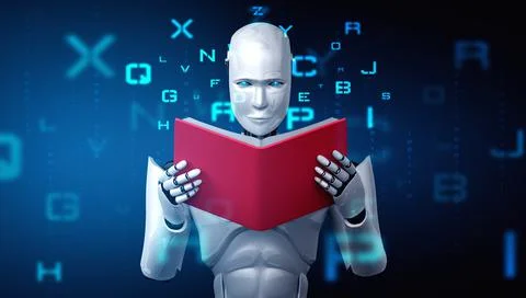 3D illustration of robot humanoid reading book Stock Illustration