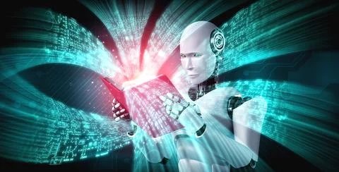 3D illustration of robot humanoid reading book and solving math Illustrazione stock