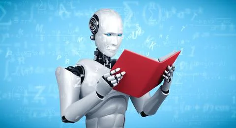 3D illustration of robot humanoid reading book and solving math Stock Illustration