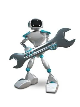3D Illustration of Robot with Wrench Stock Illustration