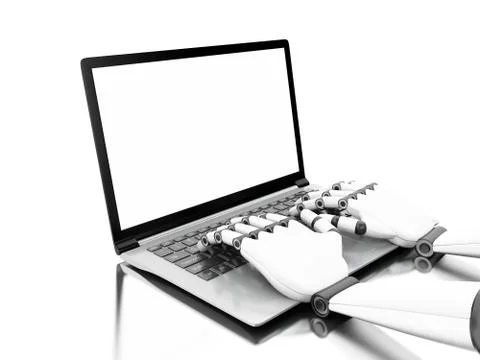 3d illustration. Robotic hands typing on a laptop Illustrazione stock