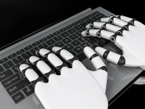 3d illustration. Robotic hands typing on a notebook keyboard Illustrazione stock