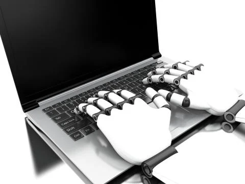 3d illustration. Robotic hands typing on a notebook keyboard イラスト素材