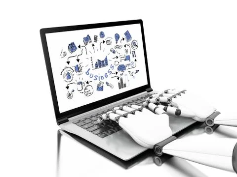 3d illustration. Robotic hands typing on a laptop Stockillustratie