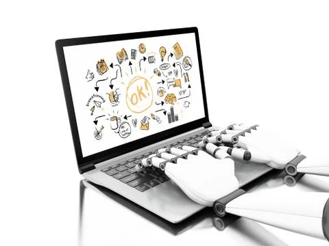 3d illustration. Robotic hands typing on a laptop with business sketch Stock Illustration