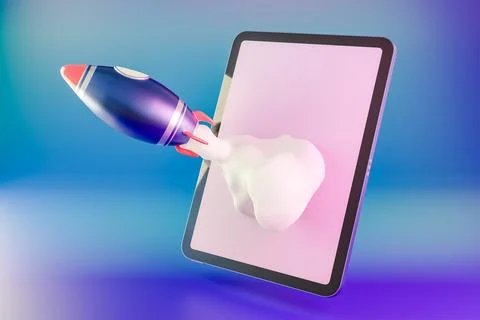3D illustration of rocket launching from digital tablet screen against blue Stock Illustration