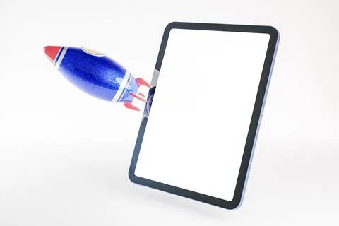 3D illustration of rocket launching from digital tablet screen against white Stock Illustration