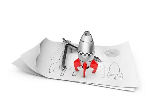 3d illustration of rocket space ship on the drawing, isolated white. Simple r Stock Illustration