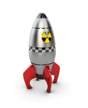 3d illustration of rocket space ship take off, isolated white. Simple retro s Stock Illustration