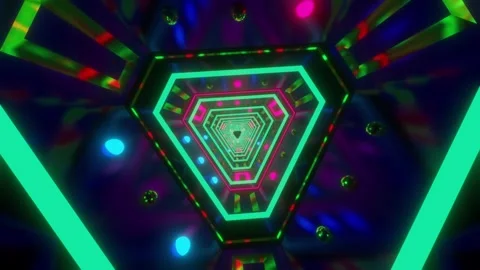 3d illustration of a rotating triangle shape tunnel with glowing neon lights, Stock Footage 253887258
