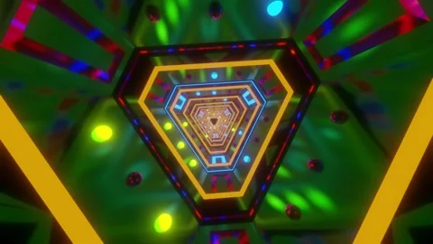 3d illustration of a rotating triangle shape tunnel with green, blue, yellow Stock Footage 253887261