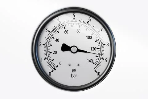 3d illustration of a round barometer with markings up to 140 on a white  isol Stock Illustration