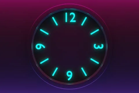 3d illustration of a round dark clock with numbers  on a neon   black and pin Stockillustratie