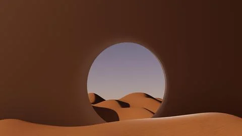 3d illustration Round gate with desert at sunset Stock Illustration