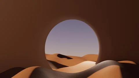 3d illustration Round gate with desert at sunset Stock Illustration