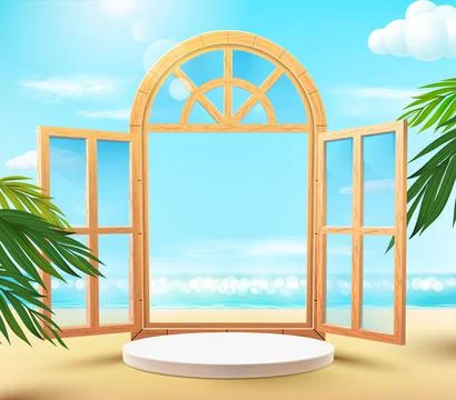 3d illustration of a round podium with a window on a summer beach with palm t Illustrazione stock