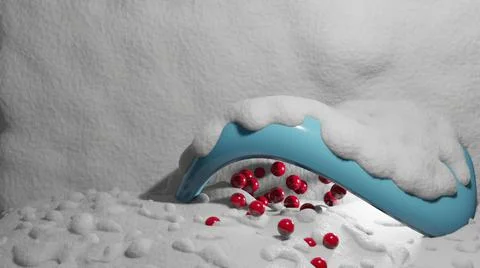 3d illustration - round shape dusted with snow and red balls falling  on snow Stock Illustration