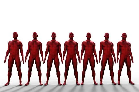 3d illustration. Row of red bald naked men on white background. Stock Illustration