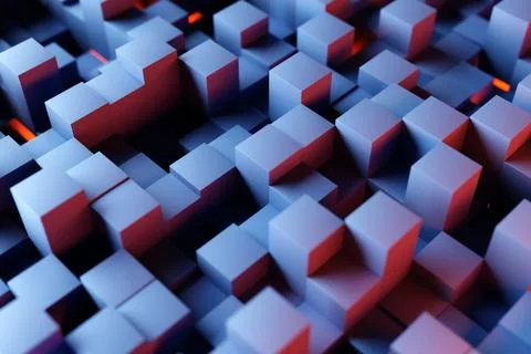 3d illustration of rows of blue  and red  cubes.Parallelogram pattern. Techno Stock Illustration