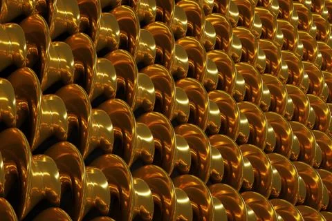 3d illustration of rows of  gold  metallic  spiral. Set of wire  on monocrome Stockillustratie