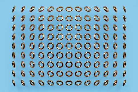 3d illustration of rows of  gold  torus .Set of  toruses  on monocrome backgr Stock Illustration