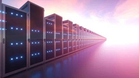 3d illustration of rows of network servers machine farm cloud computing hardware 스톡 일러스트