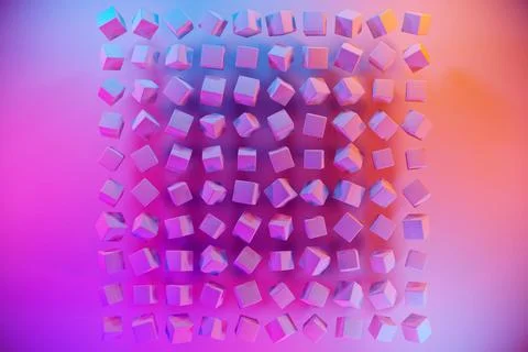 3d illustration of rows of  pink  cubes under a blue-pink neon color . Parall 스톡 일러스트