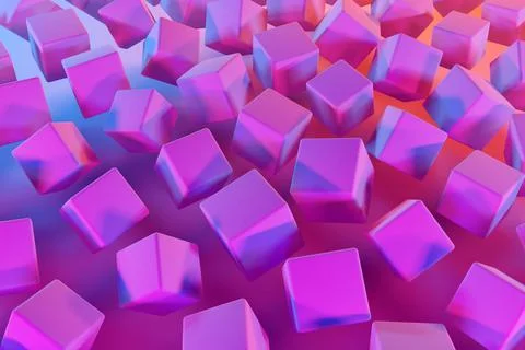 3d illustration of rows of  pink  cubes under a blue-pink neon color . Parall 스톡 일러스트