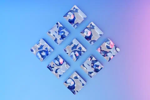 3d illustration of rows of   transparent squares  under white  lights.Set of  Stock Illustration