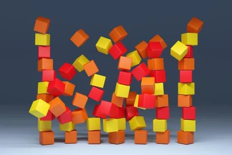 3d illustration of rows of yellow, red and orange cubes.Set of geometry figur イラスト素材