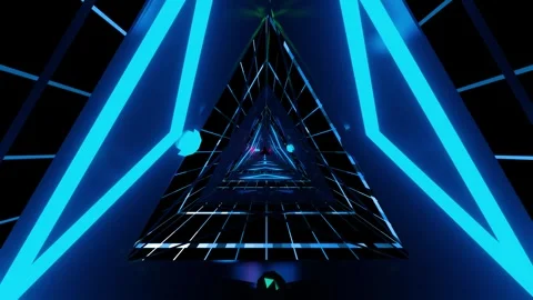 3d illustration of running in dark triangle shape tunnel with blue and purple Stock Footage 253887328