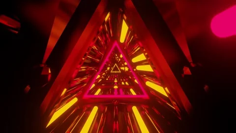 3d illustration of running in triangle shape tunnel with red and yellow glowing Stock Footage 253887224
