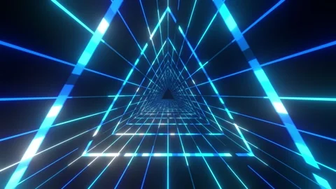3d illustration of running in triangle shape tunnel with blue and white glowing Stock Footage 253887227