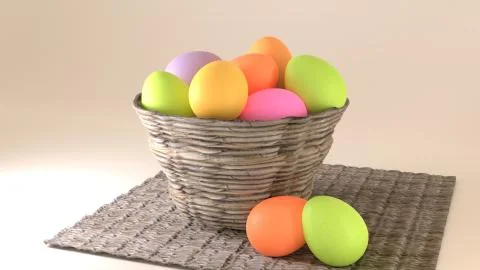 3D illustration of a rustic wicker basket with colored Easter eggs Stock-Illustration