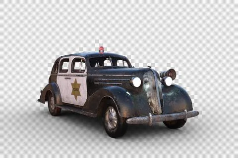 3D illustration of a rusty dirty old vintage police car isolated on white. Illustrazione stock