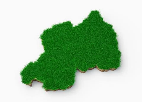 3d illustration of a Rwanda Map soil land geology cross-section with green grass Stock Illustration