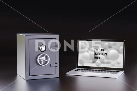 3D Illustration. Safety box and laptop computer with a blank white screen on  PSD Template