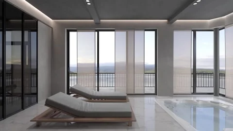 3D-Illustration. Сamera flies  through the room with sun loungers and jacuzzi Stock Footage 138785035