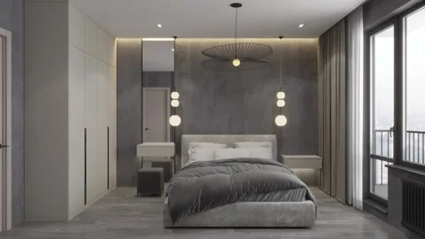 3D-Illustration. Сamera fly through the bedroom in a modern style Stock Footage 139445231